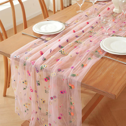 Pink Embroidery Daisy Fall Table Runner 10ft Florals Seasonal Tulle Table Runner Holiday Kitchen Dining Table Decoration for Home Party Indoor