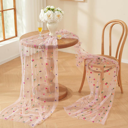 Pink Embroidery Daisy Fall Table Runner 10ft Florals Seasonal Tulle Table Runner Holiday Kitchen Dining Table Decoration for Home Party Indoor