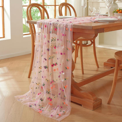 Pink Embroidery Daisy Fall Table Runner 10ft Florals Seasonal Tulle Table Runner Holiday Kitchen Dining Table Decoration for Home Party Indoor