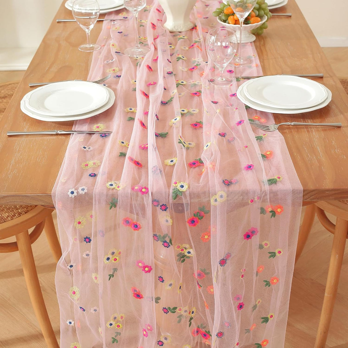 Pink Embroidery Daisy Fall Table Runner 10ft Florals Seasonal Tulle Table Runner Holiday Kitchen Dining Table Decoration for Home Party Indoor