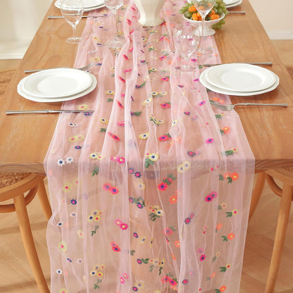 Pink Embroidery Daisy Fall Table Runner 10ft Florals Seasonal Tulle Table Runner Holiday Kitchen Dining Table Decoration for Home Party Indoor