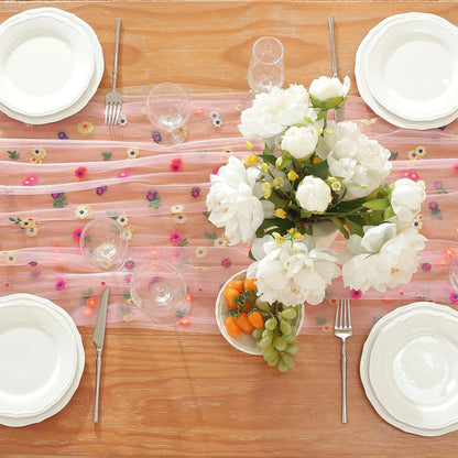 Pink Embroidery Daisy Fall Table Runner 10ft Florals Seasonal Tulle Table Runner Holiday Kitchen Dining Table Decoration for Home Party Indoor