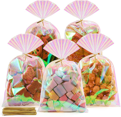 Cellophane Bags, 100 Pcs 6x10 Inches Clear Treat Bags with Ties Plastic Gift Bag Holographic Iridescent Pink Goodie Bag for Party Favors Wedding Candy Valentine Snack Popcorn Cookies Packing