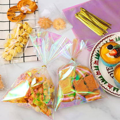 Cellophane Bags, 100 Pcs 6x10 Inches Clear Treat Bags with Ties Plastic Gift Bag Holographic Iridescent Pink Goodie Bag for Party Favors Wedding Candy Valentine Snack Popcorn Cookies Packing