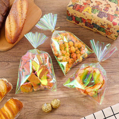 Cellophane Bags, 100 Pcs 6x10 Inches Clear Treat Bags with Ties Plastic Gift Bag Holographic Iridescent Pink Goodie Bag for Party Favors Wedding Candy Valentine Snack Popcorn Cookies Packing