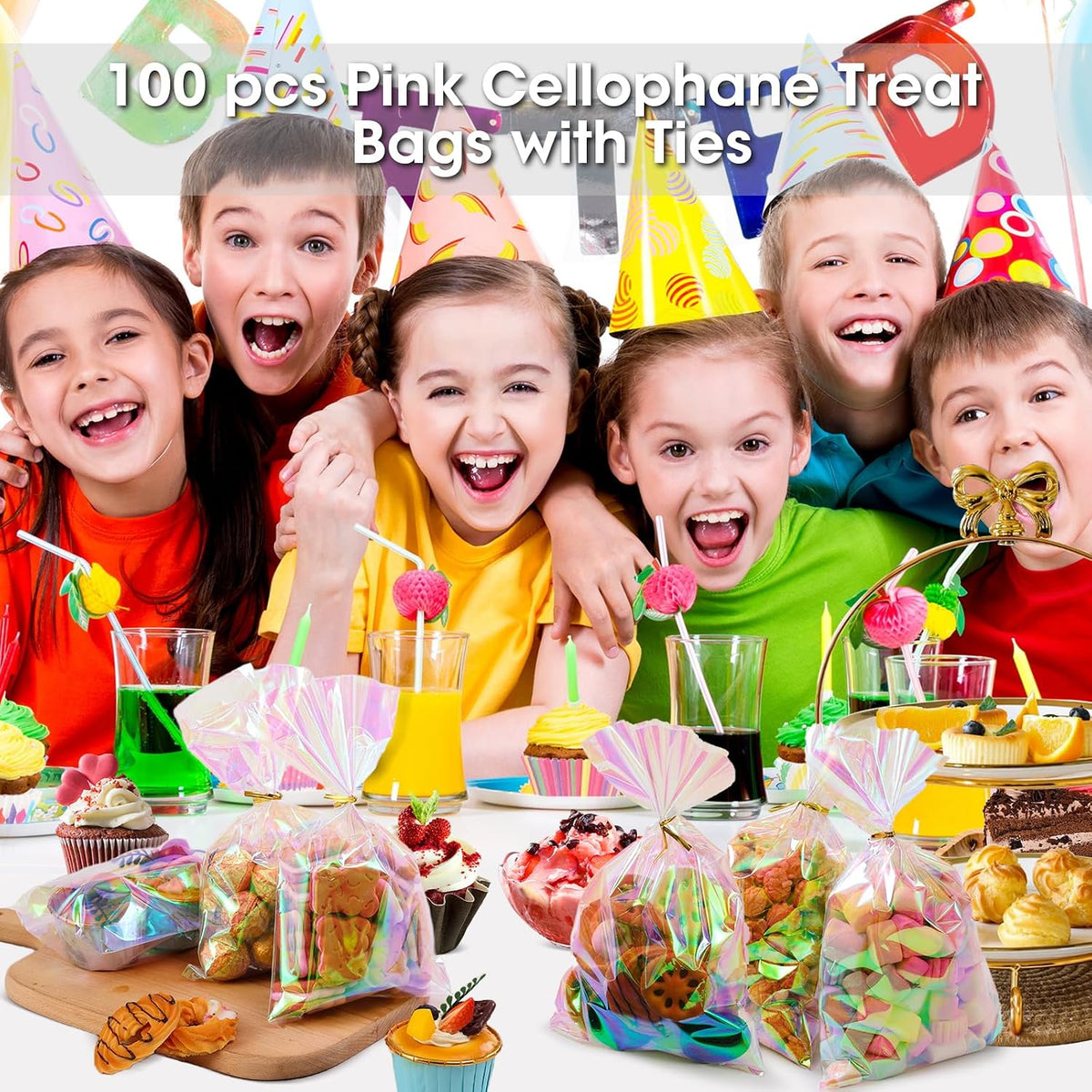 Cellophane Bags, 100 Pcs 6x10 Inches Clear Treat Bags with Ties Plastic Gift Bag Holographic Iridescent Pink Goodie Bag for Party Favors Wedding Candy Valentine Snack Popcorn Cookies Packing