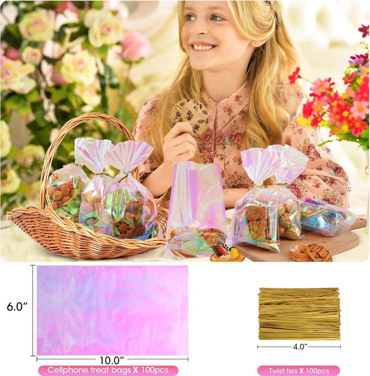 Cellophane Bags, 100 Pcs 6x10 Inches Clear Treat Bags with Ties Plastic Gift Bag Holographic Iridescent Pink Goodie Bag for Party Favors Wedding Candy Valentine Snack Popcorn Cookies Packing
