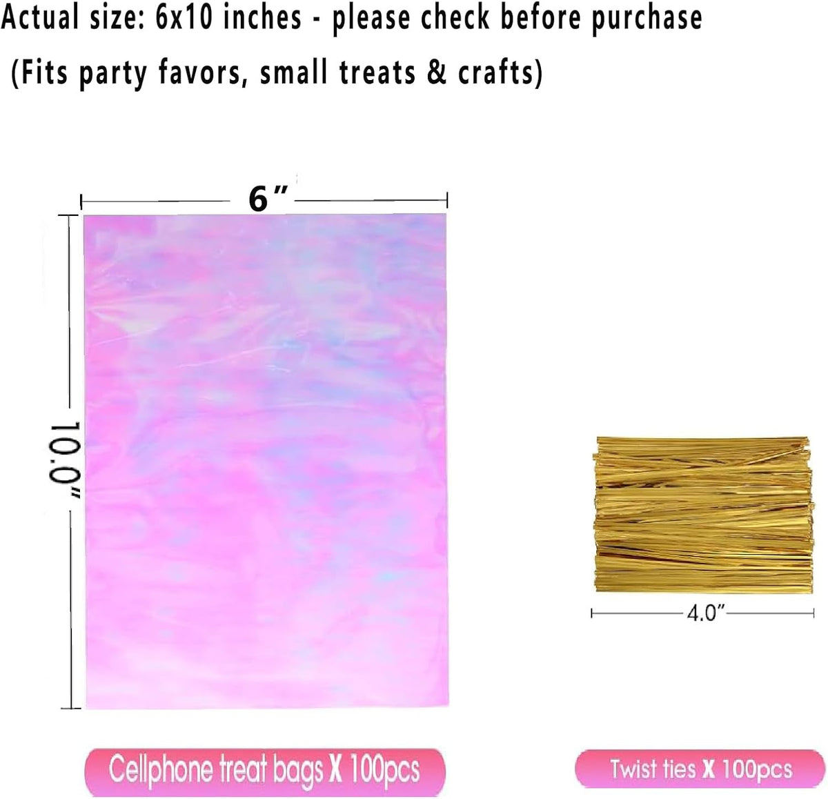 Cellophane Bags, 100 Pcs 6x10 Inches Clear Treat Bags with Ties Plastic Gift Bag Holographic Iridescent Pink Goodie Bag for Party Favors Wedding Candy Valentine Snack Popcorn Cookies Packing