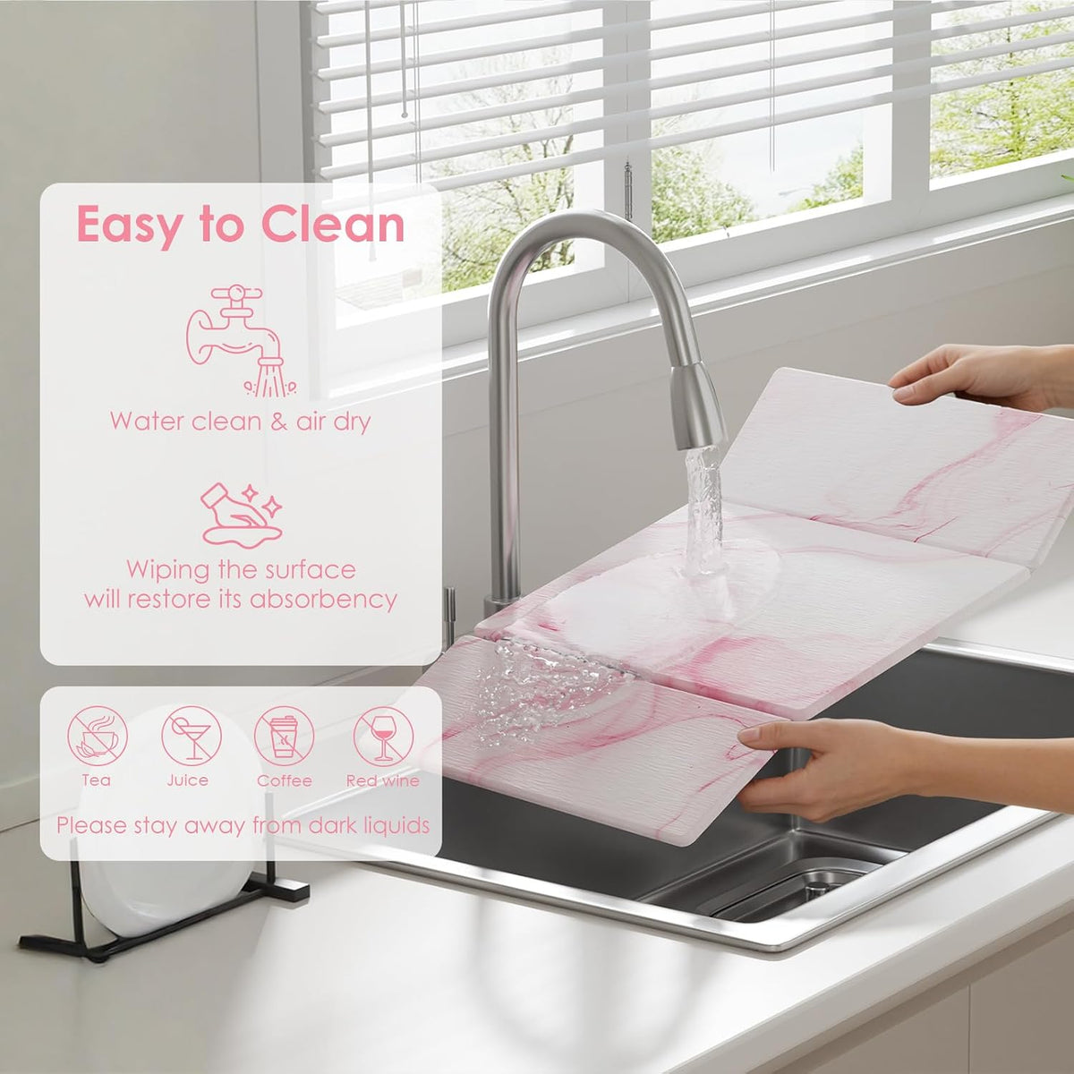 3 PCS Large Stone Dish Drying Mat for Kitchen Counter -24"x16" Absorbent Diatomaceous Earth Mat with Stone Faucet Mat & Soap Tray - Quick Dry, Collapsible, Non-Slip Countertop Organizer
