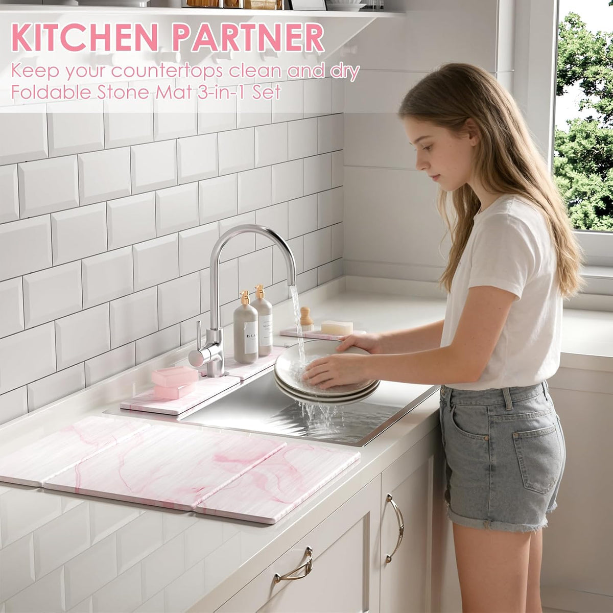 3 PCS Large Stone Dish Drying Mat for Kitchen Counter -24"x16" Absorbent Diatomaceous Earth Mat with Stone Faucet Mat & Soap Tray - Quick Dry, Collapsible, Non-Slip Countertop Organizer
