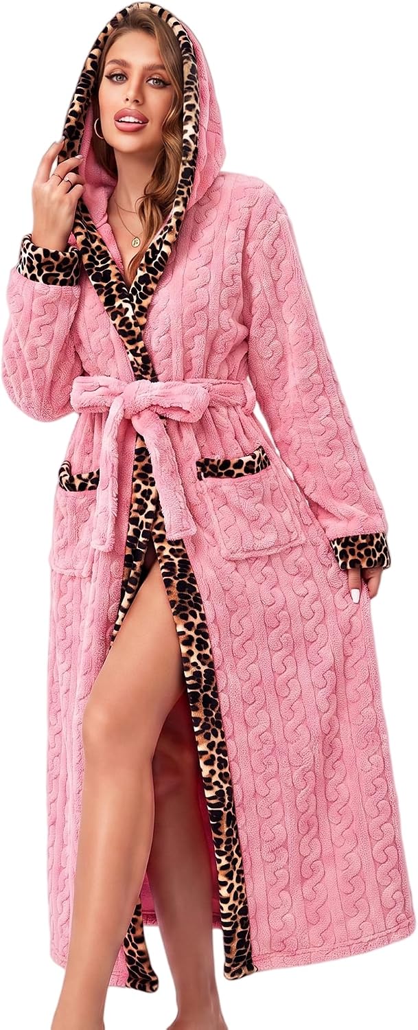 Women's Coral Fleece Long Robe Bathrobe, Jacquard Hearts
