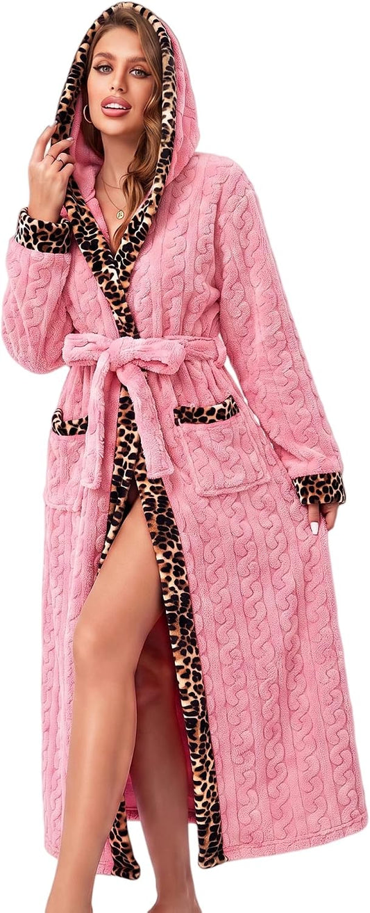 Women's Coral Fleece Long Robe Bathrobe, Jacquard Hearts