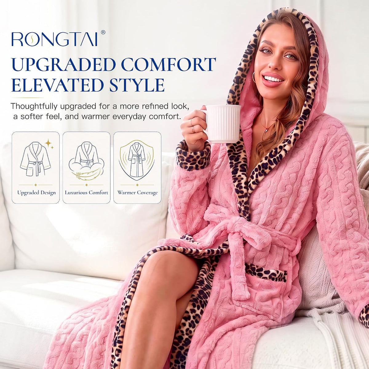 Women's Coral Fleece Long Robe Bathrobe, Jacquard Hearts