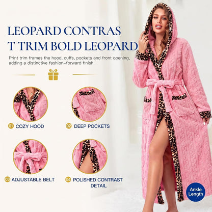 Women's Coral Fleece Long Robe Bathrobe, Jacquard Hearts