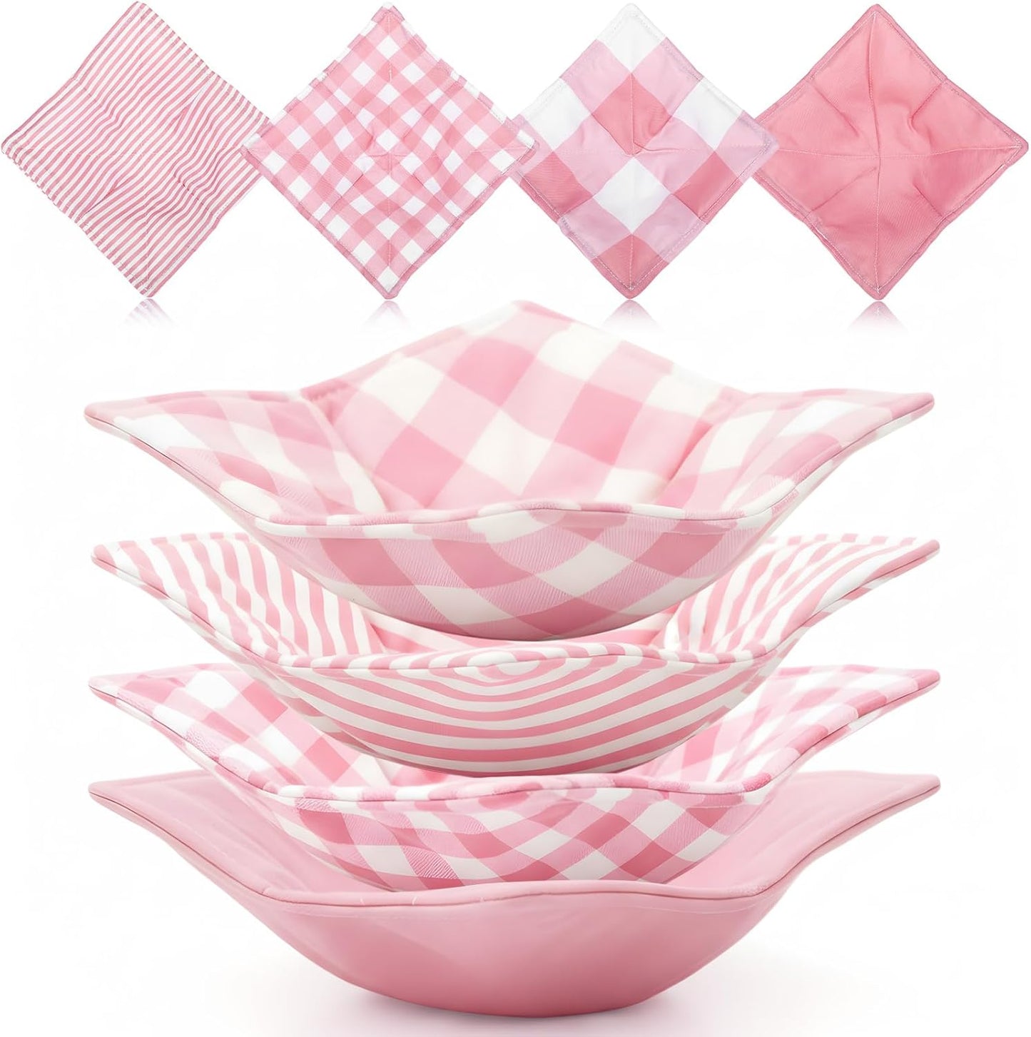 4 Pcs Pink Plaid Cotton Microwave Bowl Cozy Holders for Hot Food Hot Pad Soup Bowl Potholder Heat Resistant Multipurpose Quilted Safe Holder for Kitchen Plate Supply Pink, White