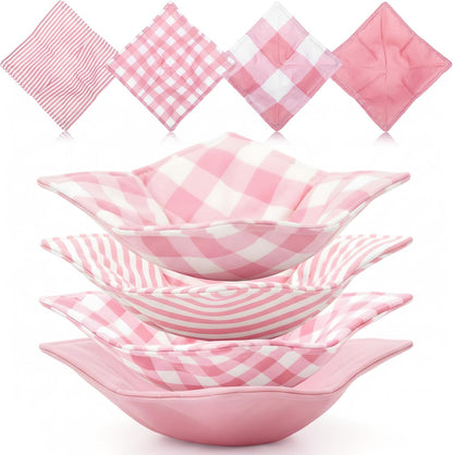 4 Pcs Pink Plaid Cotton Microwave Bowl Cozy Holders for Hot Food Hot Pad Soup Bowl Potholder Heat Resistant Multipurpose Quilted Safe Holder for Kitchen Plate Supply Pink, White
