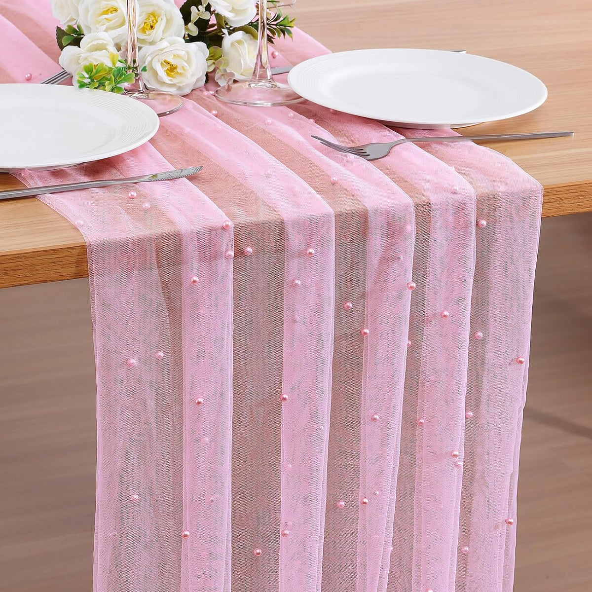 4Pcs Pearl Table Runner Tulle Gauze Sheer Wedding Party Home Decor Pink