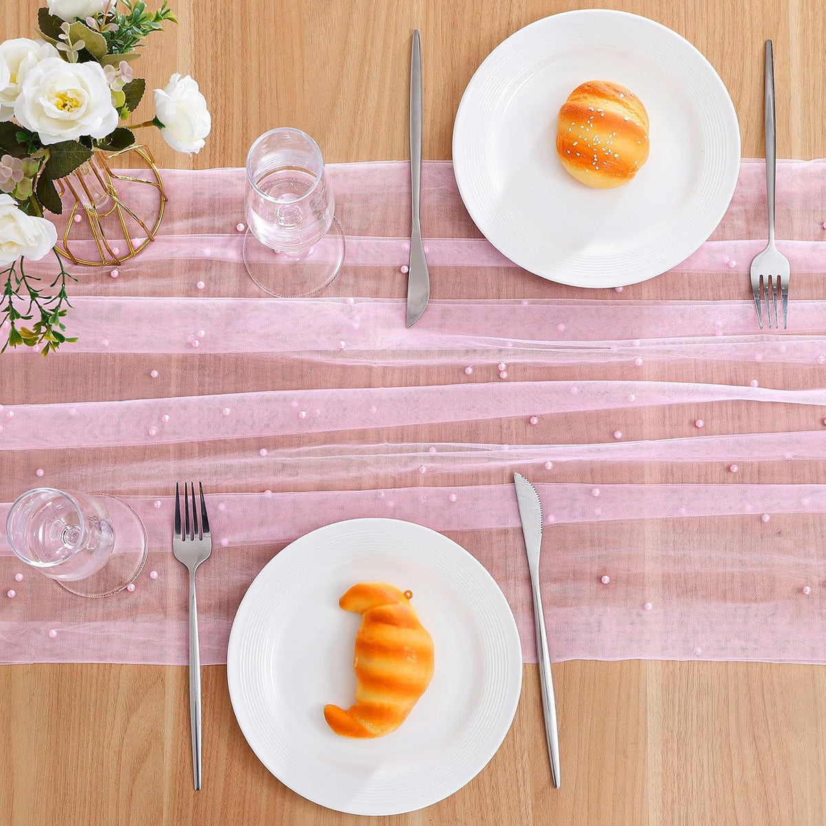 4Pcs Pearl Table Runner Tulle Gauze Sheer Wedding Party Home Decor Pink