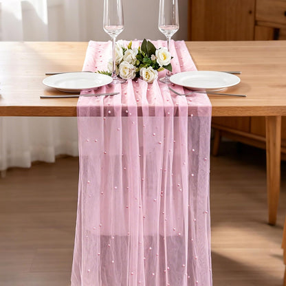 4Pcs Pearl Table Runner Tulle Gauze Sheer Wedding Party Home Decor Pink