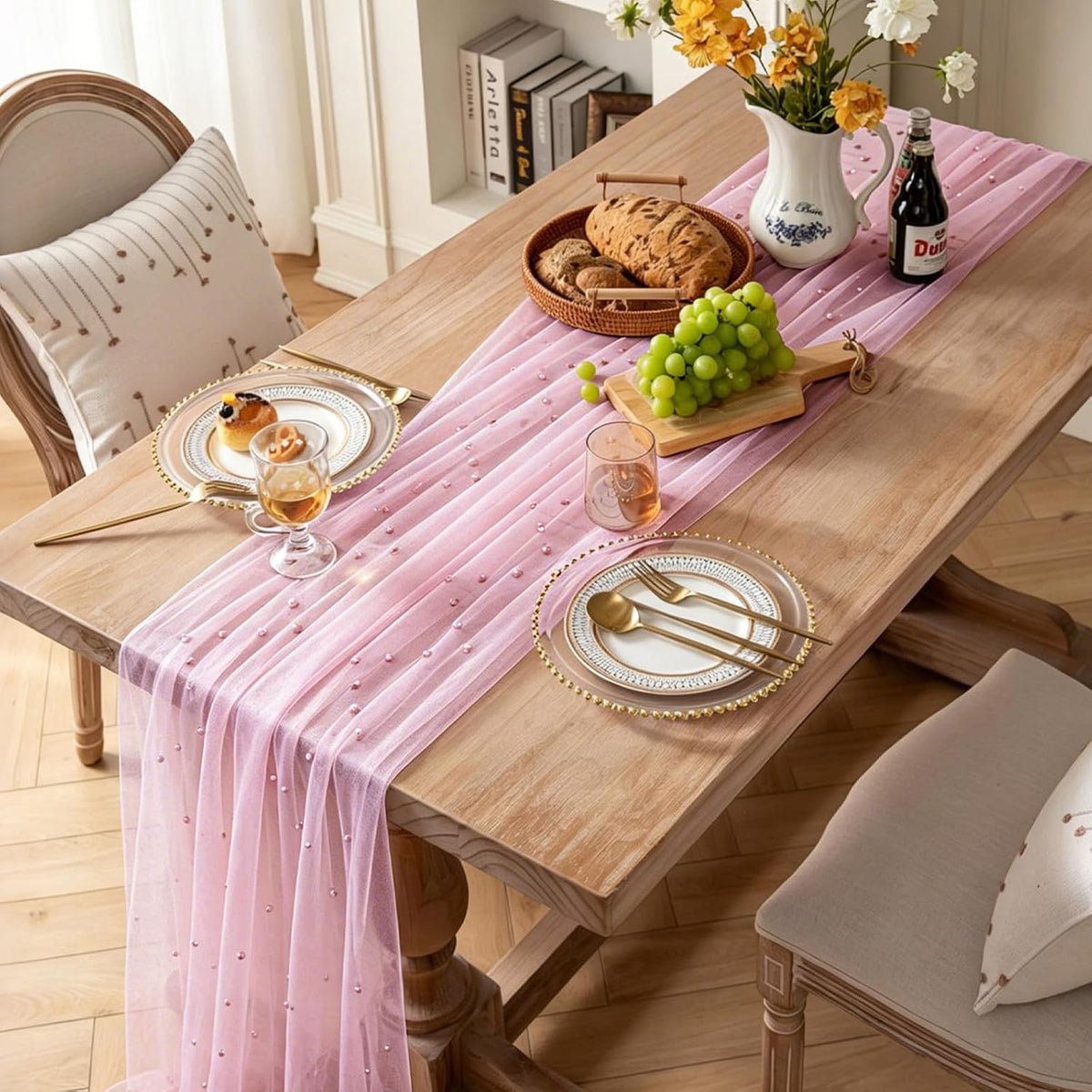 4Pcs Pearl Table Runner Tulle Gauze Sheer Wedding Party Home Decor Pink