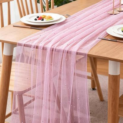 4Pcs Pearl Table Runner Tulle Gauze Sheer Wedding Party Home Decor Pink