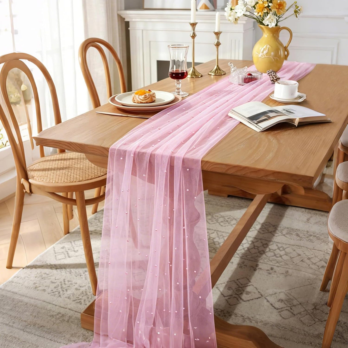 4Pcs Pearl Table Runner Tulle Gauze Sheer Wedding Party Home Decor Pink