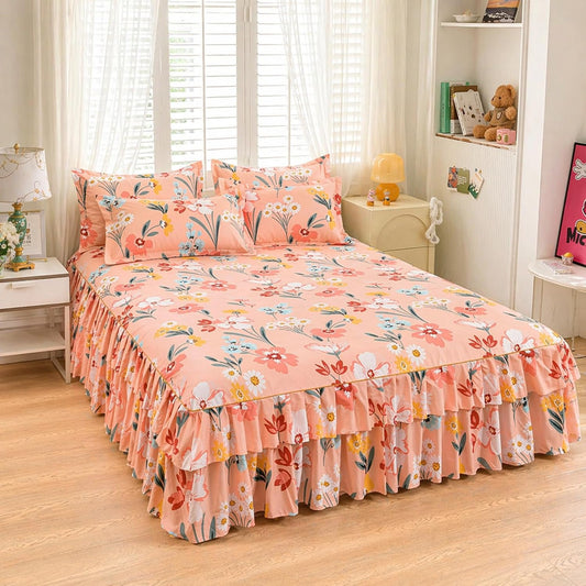 3-Piece Ruffled Bed Skirt Set with Floral Print, Elegant Soft Microfiber Bedding Sheet Double Layer Ruffles Set with 1 Bed Skirt 2 Pillowcases Bedroom Decor for Various Bed Types (Pink,39 * 75in)