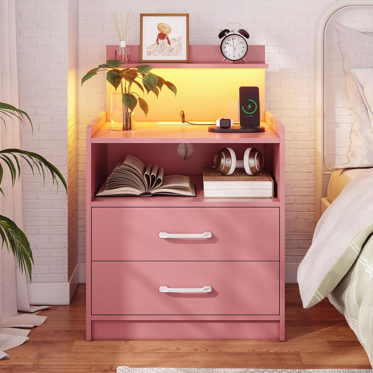 LED Nightstand with Charging Station, Night Stand with 2 Drawers and Open Storage, Bedside Table with LED Lights, Modern End Table with USB Ports Outlets, Pink