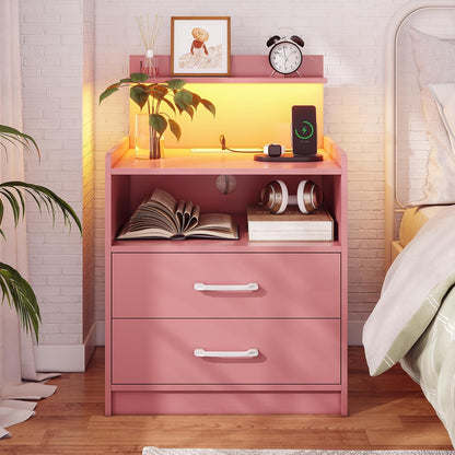 LED Nightstand with Charging Station, Night Stand with 2 Drawers and Open Storage, Bedside Table with LED Lights, Modern End Table with USB Ports Outlets, Pink