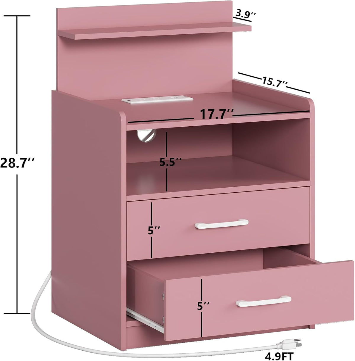 LED Nightstand with Charging Station, Night Stand with 2 Drawers and Open Storage, Bedside Table with LED Lights, Modern End Table with USB Ports Outlets, Pink