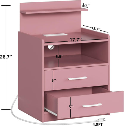 LED Nightstand with Charging Station, Night Stand with 2 Drawers and Open Storage, Bedside Table with LED Lights, Modern End Table with USB Ports Outlets, Pink