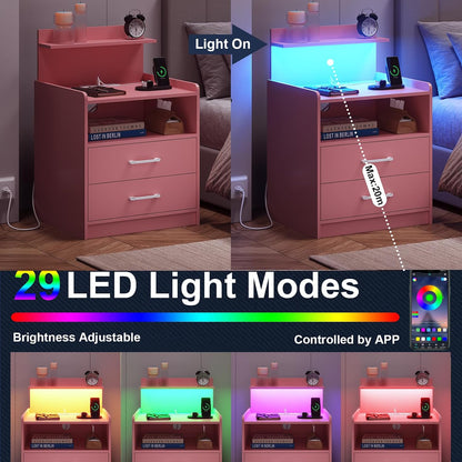 LED Nightstand with Charging Station, Night Stand with 2 Drawers and Open Storage, Bedside Table with LED Lights, Modern End Table with USB Ports Outlets, Pink