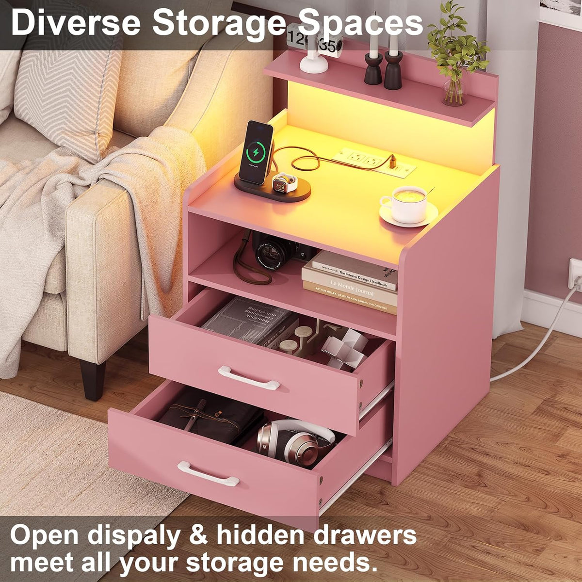 LED Nightstand with Charging Station, Night Stand with 2 Drawers and Open Storage, Bedside Table with LED Lights, Modern End Table with USB Ports Outlets, Pink
