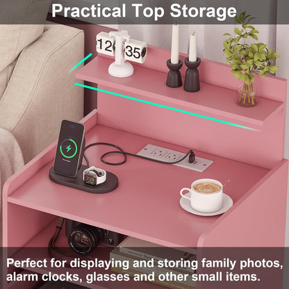 LED Nightstand with Charging Station, Night Stand with 2 Drawers and Open Storage, Bedside Table with LED Lights, Modern End Table with USB Ports Outlets, Pink