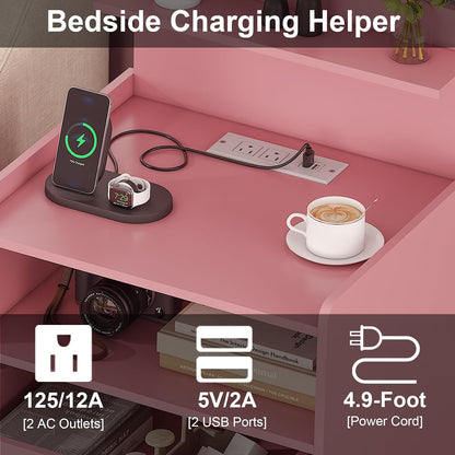 LED Nightstand with Charging Station, Night Stand with 2 Drawers and Open Storage, Bedside Table with LED Lights, Modern End Table with USB Ports Outlets, Pink