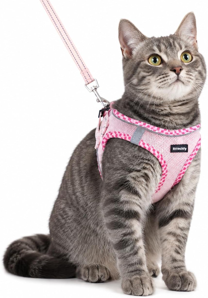Cat Harness and Leash Set, Escape Proof Kitten Harness, Soft and Breathable Vest with Reflective Strip, Easy to Wear for Cats Walking and Traveling (Pink, S)