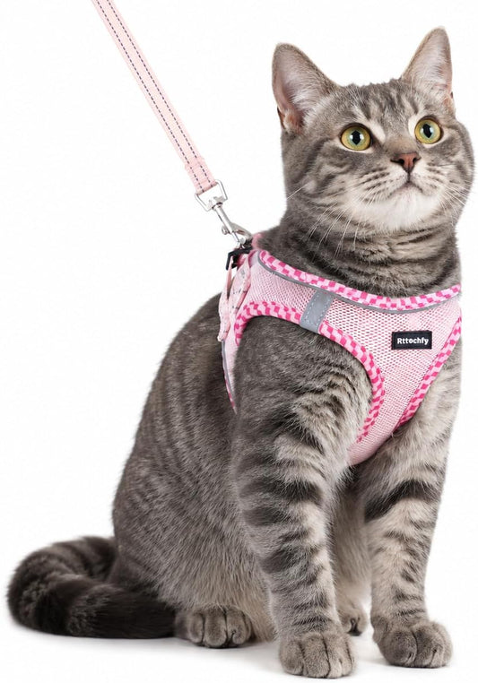 Cat Harness and Leash Set, Escape Proof Kitten Harness, Soft and Breathable Vest with Reflective Strip, Easy to Wear for Cats Walking and Traveling (Pink, S)