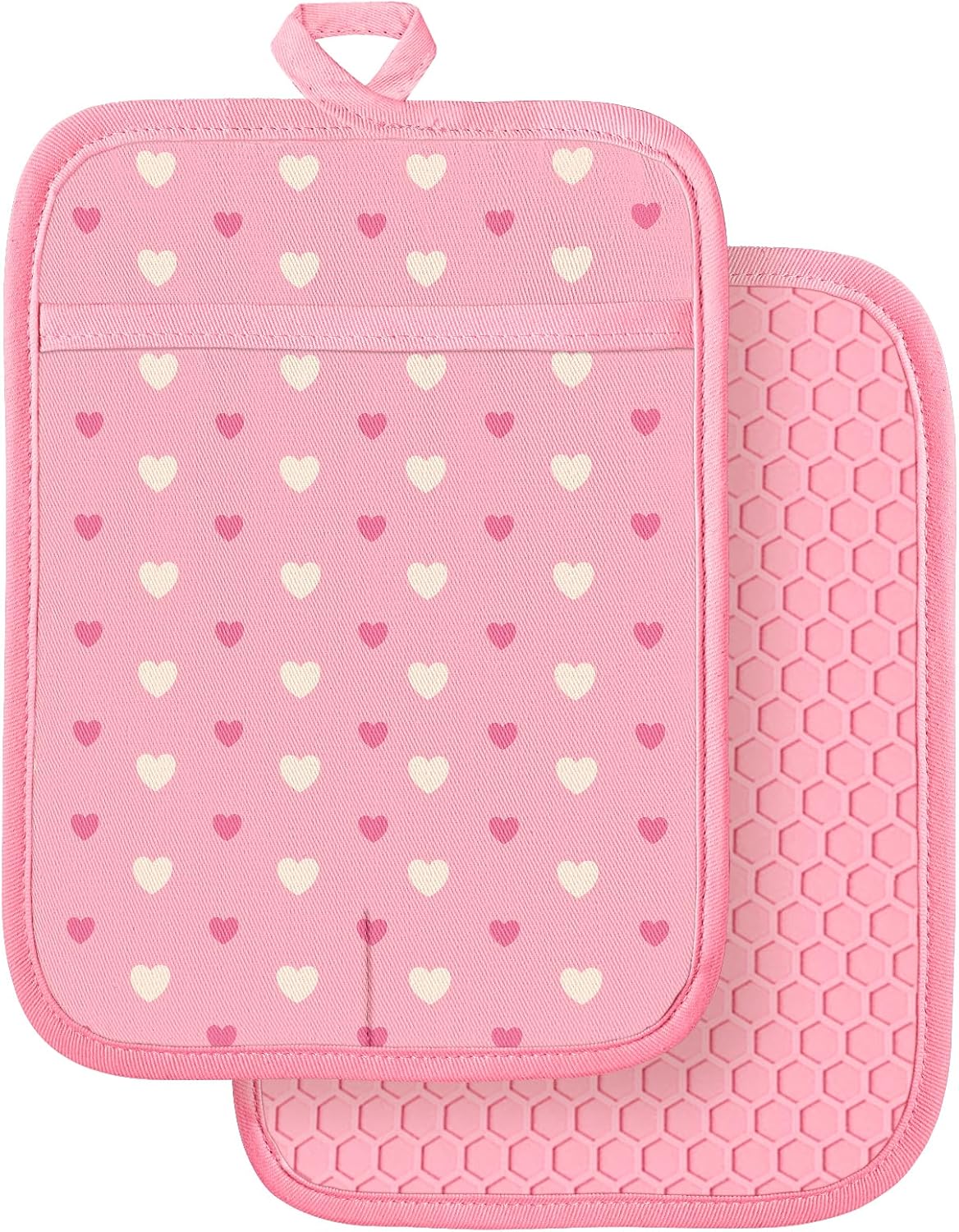 Silcone Heart Pot Holders for Kitchen - 100% Cotton Pink Cute Oven Potholders with Pockets, Heat Resistant Square Thick Hot Pads, House New Home Baking Baker Gifts,2pack