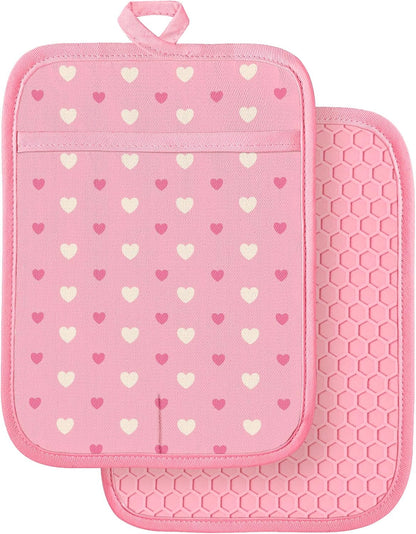 Silcone Heart Pot Holders for Kitchen - 100% Cotton Pink Cute Oven Potholders with Pockets, Heat Resistant Square Thick Hot Pads, House New Home Baking Baker Gifts,2pack