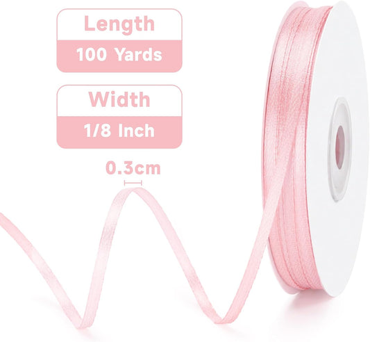Light Pink Satin Ribbon - 1/8 Inch x 100 Yards Thin Baby Pink Ribbon for Gift Wrapping Pastel Ribbon for Bouquet Crafts Gift Tags Wedding Bridal Shower Baby Shower Birthday Mother's Day Decor