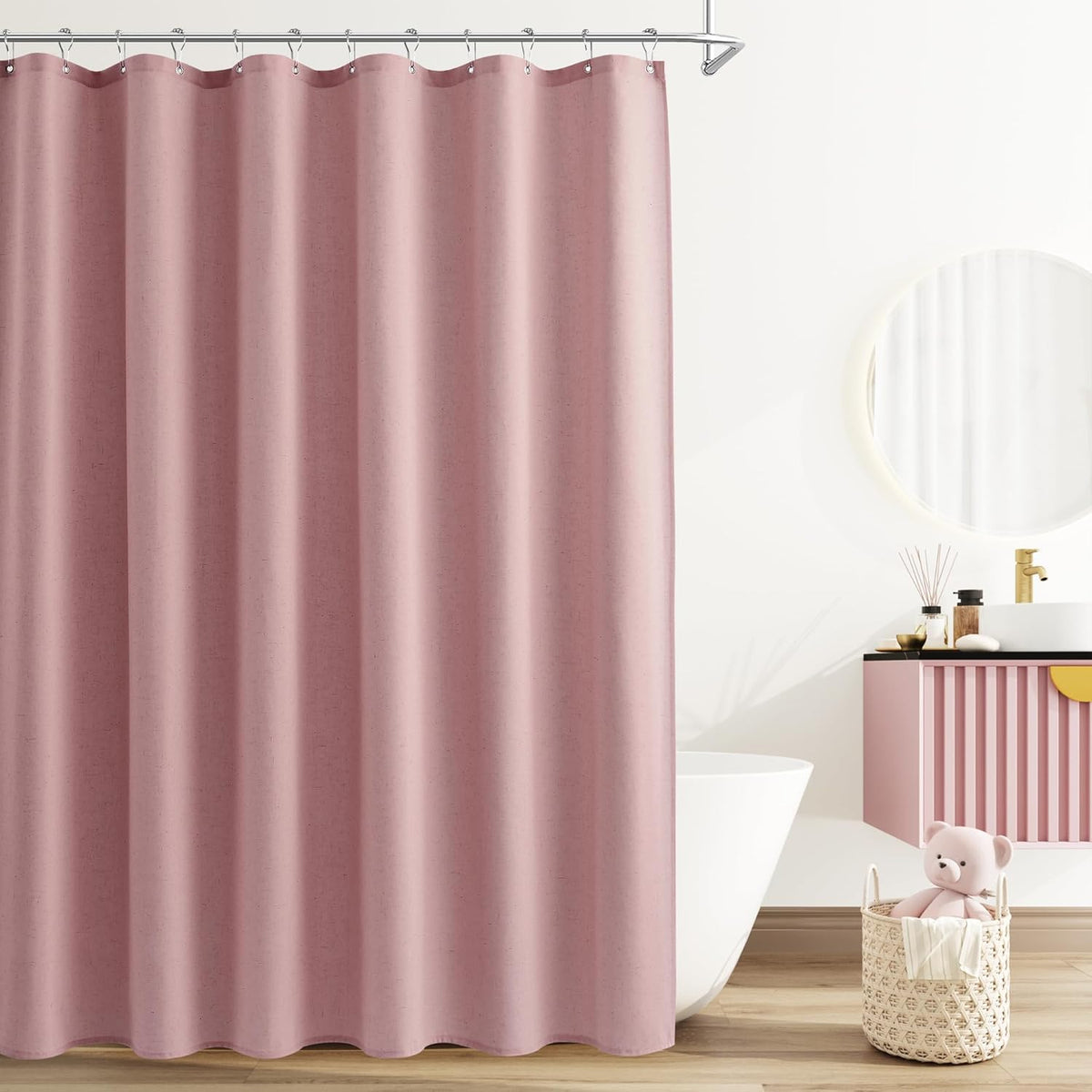 Linen Shower Curtain 72 Inch Long for Bathroom Pink 1 Panel