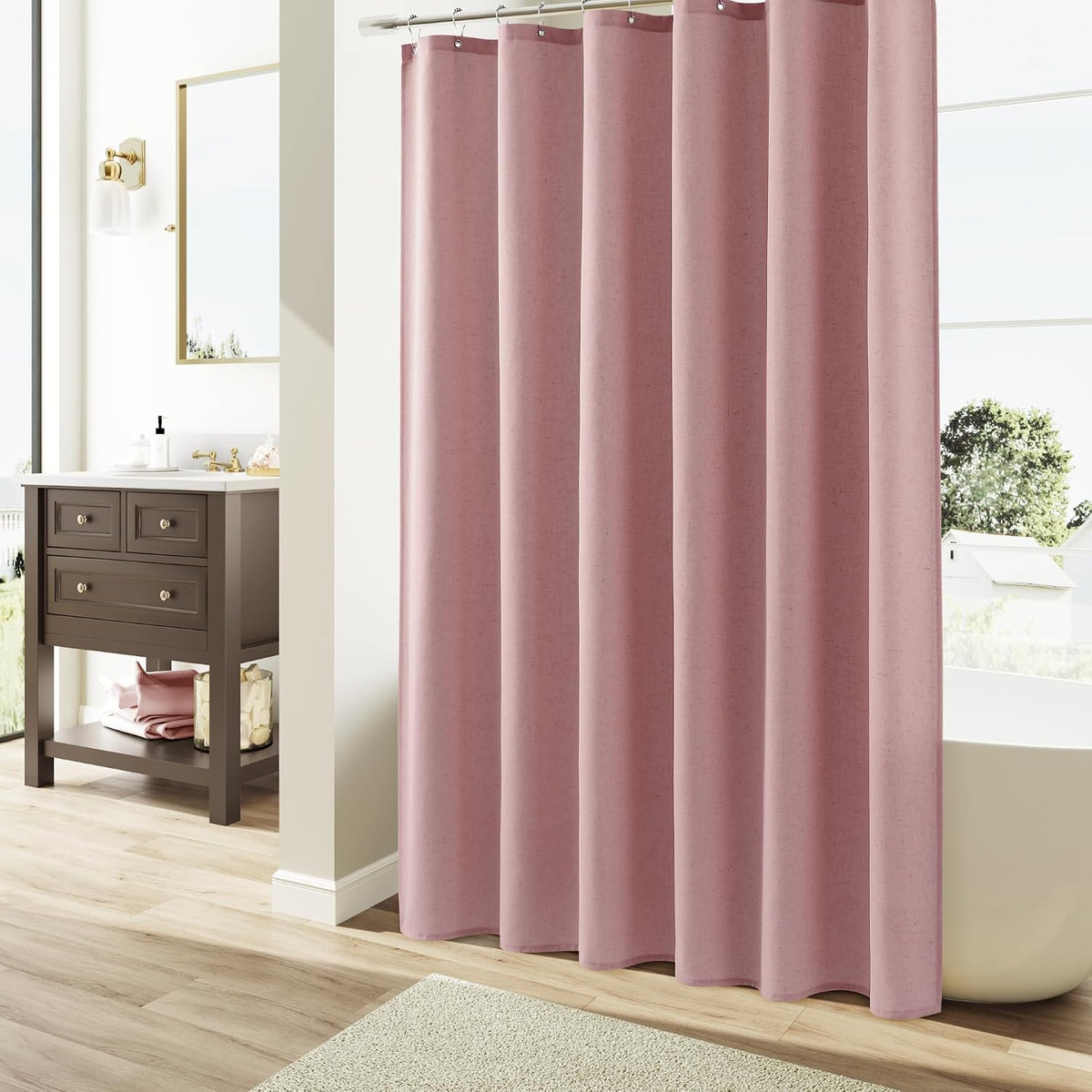 Linen Shower Curtain 72 Inch Long for Bathroom Pink 1 Panel