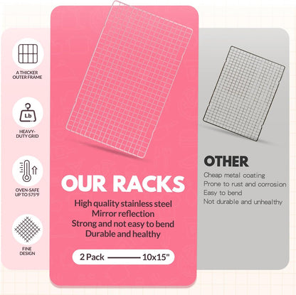 2 PCS Cooling Racks for Cooking and Baking, 16x10 Inches Stainless Steel Cooling Rack, Sheet Pan with Wire Rack for Baking Sheet, Bacon Rack Oven Safe Fits Jelly Roll Sheet Pan