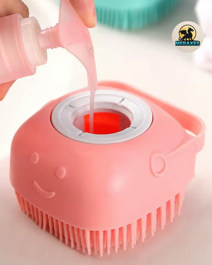 Pet Grooming Bath Brush with Soap Dispenser – Soft Silicone Massage Bristles for Dogs & Cats, Gentle Deshedding & Deep Cleaning for Long or Short Hair – Pink