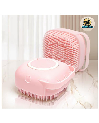 Pet Grooming Bath Brush with Soap Dispenser – Soft Silicone Massage Bristles for Dogs & Cats, Gentle Deshedding & Deep Cleaning for Long or Short Hair – Pink