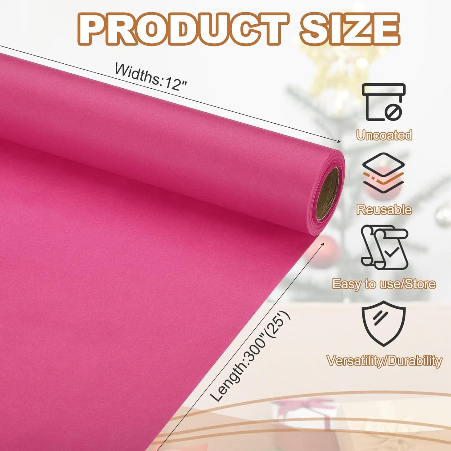 Wrapping Paper, 12" x 300"(25') 70 GSM Craft Paper Roll Kraft Packing Paper for Poster Bulletin Board, Gift Wrapping, Dark Pink