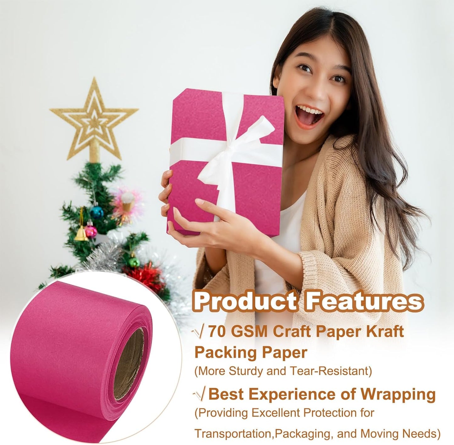 Wrapping Paper, 12" x 300"(25') 70 GSM Craft Paper Roll Kraft Packing Paper for Poster Bulletin Board, Gift Wrapping, Dark Pink