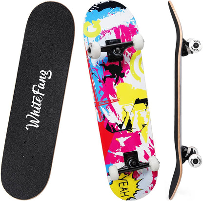 Skateboards for Beginners, Complete Skateboard 31 x 7.88, 7 Layer Canadian Maple Double Kick Concave Standard and Tricks Skateboards for Kids and Beginners
