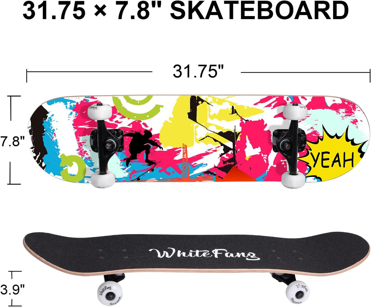 Skateboards for Beginners, Complete Skateboard 31 x 7.88, 7 Layer Canadian Maple Double Kick Concave Standard and Tricks Skateboards for Kids and Beginners