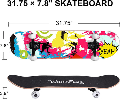 Skateboards for Beginners, Complete Skateboard 31 x 7.88, 7 Layer Canadian Maple Double Kick Concave Standard and Tricks Skateboards for Kids and Beginners